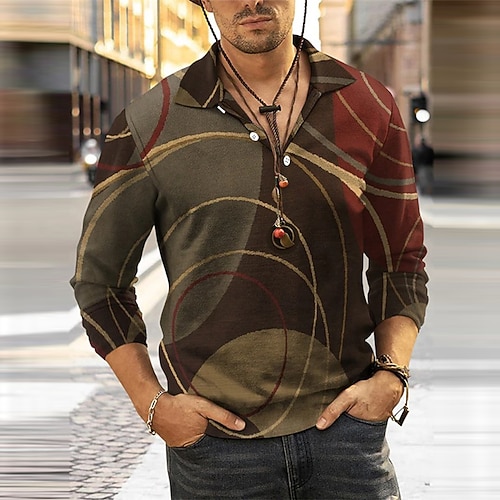 

Men's Collar Polo Shirt Golf Shirt Geometry Turndown Khaki 3D Print Outdoor Street Long Sleeve Button-Down Print Clothing Apparel Fashion Designer Casual Breathable