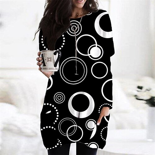 

Women's Casual Dress Black Long Sleeve Geometric Pocket Winter Fall Autumn Winter Dress Weekend Fall Dress Loose Fit 2022 XS S M L XL XXL 3XL 4XL 5XL 6XL