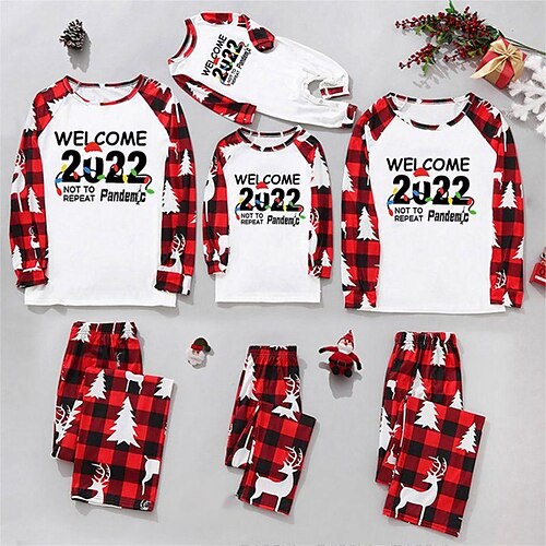 

Family Look Christmas Pajamas Plaid Christmas pattern Home Dark Red Wine Light Red Long Sleeve Daily Matching Outfits