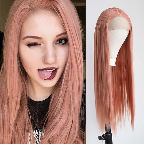 

Long Straight Rose Pink Wig Synthetic Lace Front Wigs for Women Pink Color Middle Part High Temperature Fiber Hand Tied Natural Hairline Cosplay Daily Wear Wig