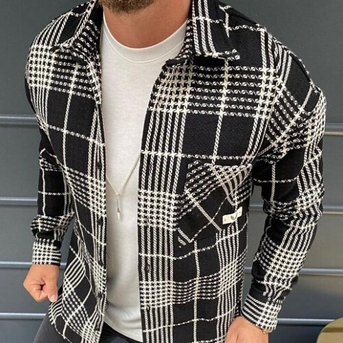 

Men's Shirt Overshirt Shirt Jacket Plaid Check Turndown Black Long Sleeve Street Daily Button-Down Tops Basic Fashion Casual Comfortable