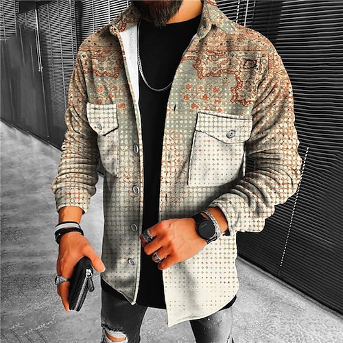 

Men's Coat Street Daily Vacation Fall Winter Regular Coat Regular Fit Warm Breathable Streetwear Chic & Modern Casual Jacket Long Sleeve 3D Print Stripes and Plaid Pocket Print Yellow