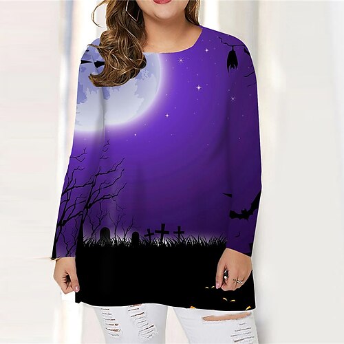 

Women's Plus Size Tops T shirt Tee Scenery Bat Print Long Sleeve Crewneck Casual Festival Halloween Halloween Daily Cotton Spandex Jersey Fall Winter Purple Yellow / 3D Print