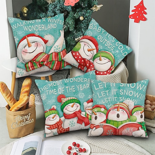 

Christmas Holiday Double Side Throw Pillow Cover 4PC Snowman Soft Decorative Square Cushion Pillowcase for Bedroom Livingroom Sofa Couch Chair Machine Washable