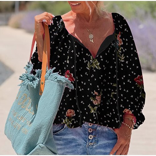 

Women's Blouse Shirt Black Floral Lace up Print Long Sleeve Daily Weekend Streetwear Casual V Neck Regular Floral S / 3D Print