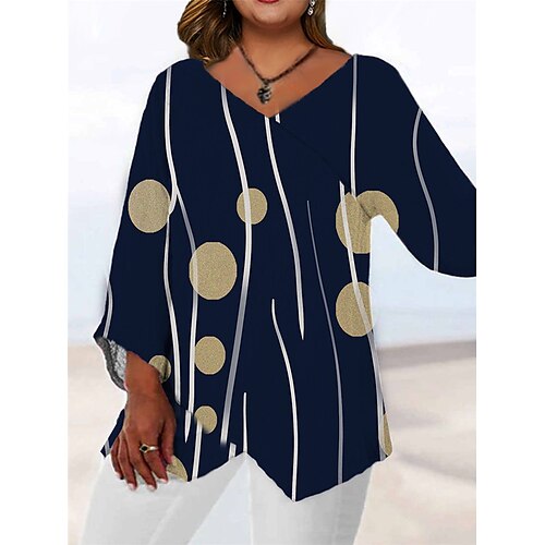 

Mulheres Camisa Social Blusa Preto Vinho Azul Marinha Geometria Imprimir Manga Longa Diário Para Noite Casual Decote V Padrão Tamanho Grande L