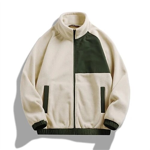 

Men's Sherpa Sweatshirt Zip Hoodie Sweatshirt Teddy Coat Khaki White Black Standing Collar Color Block Patchwork Zipper Casual Designer Casual Winter Clothing Apparel Hoodies Sweatshirts Long Sleeve