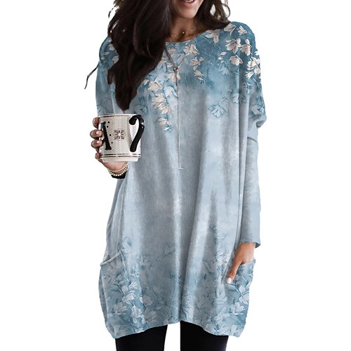 

Women's Casual Dress T Shirt Dress Tee Dress Shift Dress Black Blue Khaki Long Sleeve Floral Print Winter Fall Autumn Crew Neck Fashion Winter Dress Weekend Fall Dress Loose Fit 2022 S M L XL XXL 3XL