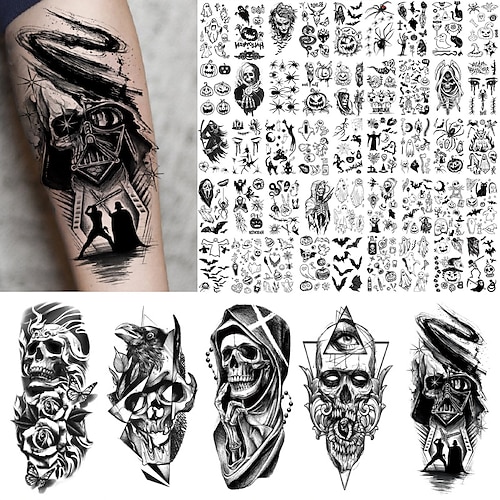 

50 Sheets Realistic Black Animals Temporary Tattoos For Women Men Half Arm Sleeve 3D Large Tribal Tiger Lion Death Skull Fake Tattoo Stickers Halloween