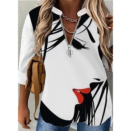 

Women's Plus Size Tops Blouse Shirt Graphic Zipper Print 3/4 Length Sleeve V Neck Casual Work Daily Polyester Winter Fall White