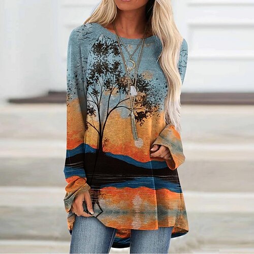 

Women's T shirt Tee Blue Orange Black Scenery Dandelion Print Long Sleeve Holiday Weekend Basic Round Neck Long Floral Painting S / 3D Print