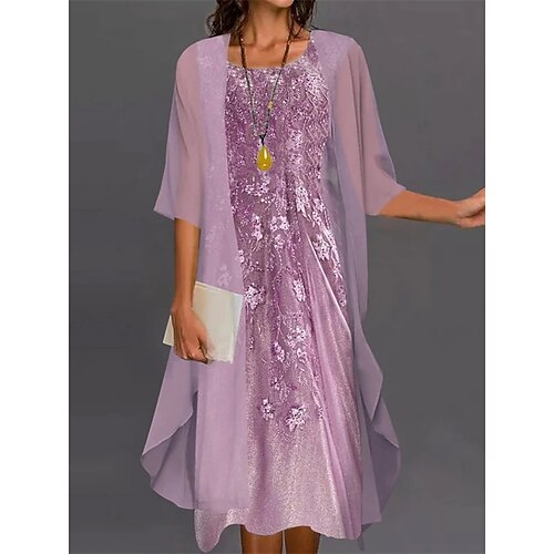 

Women's Dress Set Two Piece Dress Knee Length Dress Green Blue Purple Half Sleeve Floral Print Fall Winter Crew Neck Elegant Mature 2022 S M L XL XXL 3XL