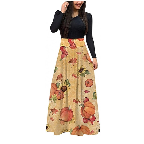 

Women's Casual Dress A Line Dress Maxi long Dress White Yellow Long Sleeve Pumpkin Print Fall Winter Round Neck Fashion Casual 2022 S M L XL XXL
