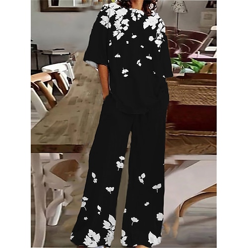 

Women's Loungewear Sets 2 Pieces Flower Fashion Comfort Home Street Cotton Spandex Jersey Crew Neck Short Sleeve T shirt Tee Pant Fall Spring Black