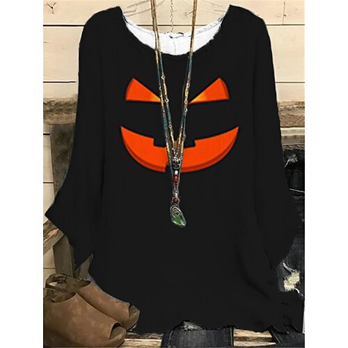 

Women's Plus Size Tops T shirt Tee Pumpkin Striped Print Long Sleeve Crewneck Casual Halloween Halloween Going out Polyester Fall Winter Yellow Black