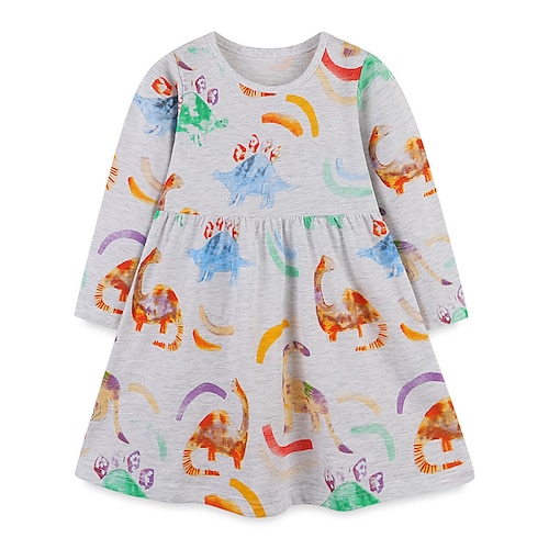 

Kids Girls' Dress Dinosaur A Line Dress Asymmetrical Dress Vacation Cotton Long Sleeve Beautiful Dress 2-8 Years Winter Gray