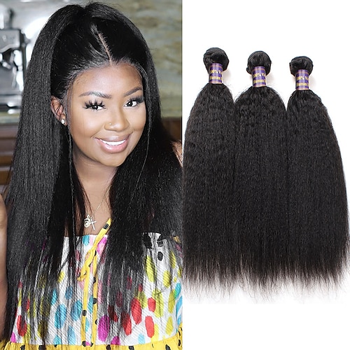 

Yaki Kinky Human Hair Brazilian Hair Weave Bundles Light Yaki Straight Hair Extensions 3 Bundles Remy Extension