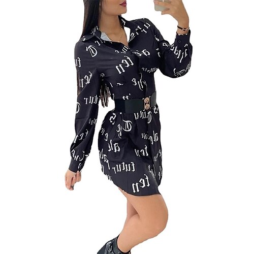 

Women's Shirt Dress Shift Dress Short Mini Dress Black Long Sleeve Letter With Belt Print Fall Winter Shirt Collar Fashion Modern 2022 S M L XL