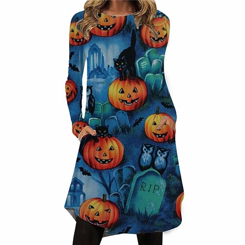 

Women's Casual Dress T Shirt Dress Tee Dress Knee Length Dress Blue Purple Yellow Orange Long Sleeve Cat Pumpkin Bat Pocket Print Fall Winter Crew Neck Casual Vacation Vintage 2022 S M L XL XXL 3XL