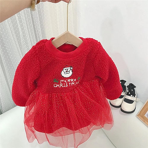 

Kids Little Girls' Dress Polka Dot Letter Santa Claus A Line Dress Christmas Gifts Vacation Red Above Knee Long Sleeve Sweet Dresses Christmas Fall Winter Regular Fit 2-6 Years