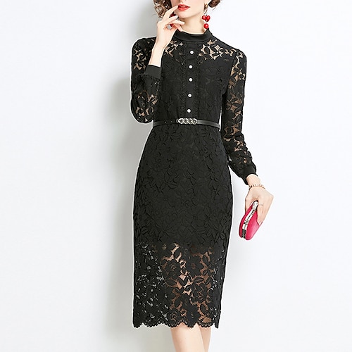 

Women's Lace Dress Bodycon Sheath Dress Black Long Sleeve Pure Color Lace Winter Fall Autumn Crew Neck Fashion Winter Dress Weekend Fall Dress Slim 2022 S M L XL XXL