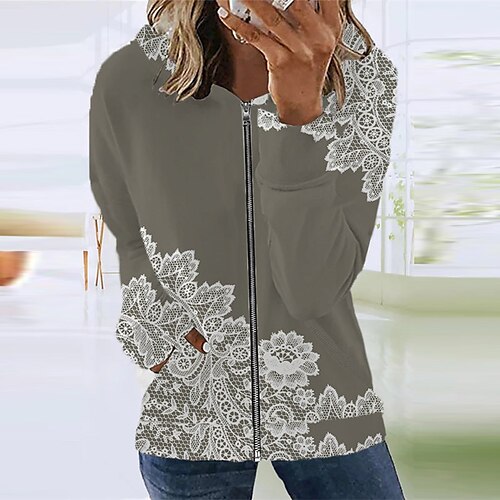 

Women's Casual Jacket Warm Breathable Outdoor Street Going out Casual Daily Zipper Full Zip Print Zipper Hoodie Preppy Style Flower Regular Fit Outerwear Long Sleeve Winter Fall Gray S M L XL XXL 3XL