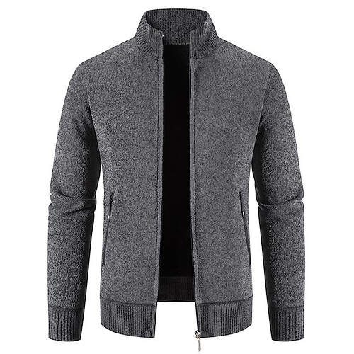 

Men's Sweater Cardigan Sweater Zip Sweater Sweater Jacket Fleece Sweater Waffle Knit Cropped Knitted Solid Color Crew Neck Basic Stylish Outdoor Daily Clothing Apparel Winter Fall Black Light gray M