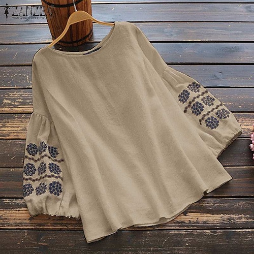 

Women's Plus Size Tops Blouse Floral Embroidered Long Sleeve Crewneck Streetwear Elegant Casual Daily Vacation Cotton Fall Winter khaki Dark Blue