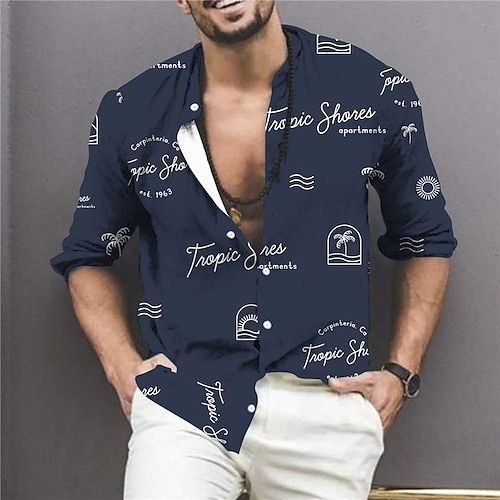 

Homme Chemise Chemise graphique Lettre Mao Bleu Marine 3D effet Extérieur Plein Air Manches Longues Bouton bas Imprimer Vêtement Tenue Mode Design Casual Respirable