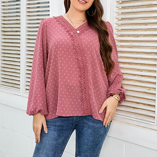 

Women's Plus Size Tops Blouse Shirt Polka Dot Lace Long Sleeve V Neck Casual Daily Going out Polyester Fall Winter Pink
