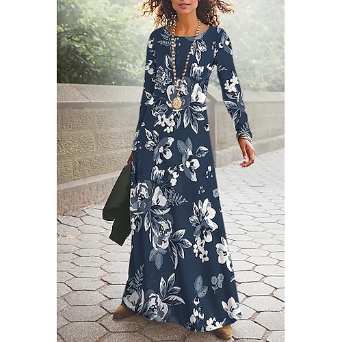 

Women's Casual Dress Long Dress Maxi Dress Light Yellow Blue Red Long Sleeve Floral Print Winter Fall Crew Neck Romantic Winter Dress Fall Dress 2022 S M L XL 2XL 3XL 4XL 5XL 6XL