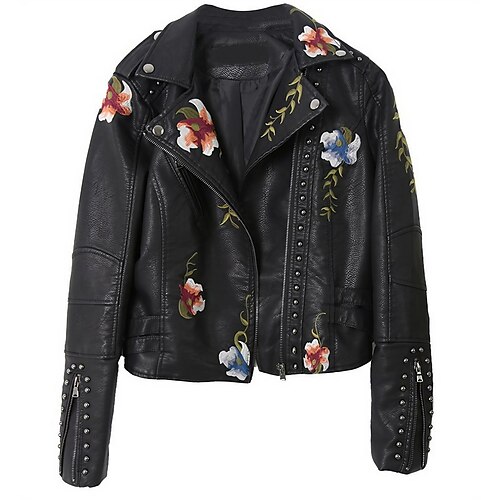

Women's Faux Leather Jacket Warm Breathable Outdoor Street Going out Weekend Zipper Pocket Print Zipper Turndown Active Chic & Modern Comfortable Street Style Flower Regular Fit Outerwear Long Sleeve