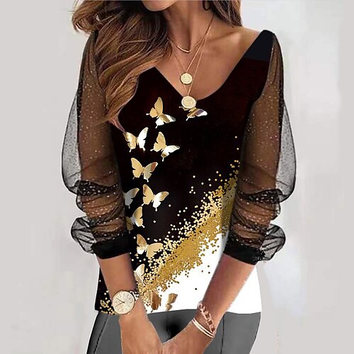 

Women's Shirt Butterfly Casual Weekend Butterfly Shirt Long Sleeve Patchwork Print V Neck Streetwear Black S / 3D Print
