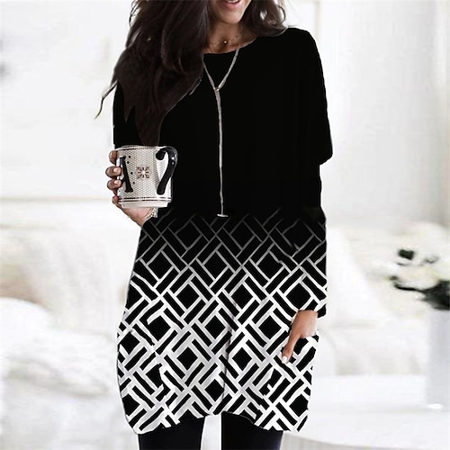 

Women's Casual Dress Short Mini Dress Short Mini Dress Black And White Long Sleeve Geometric Pocket Fall Winter Round Neck Casual 2022 XS S M L XL XXL 3XL 4XL 5XL 6XL