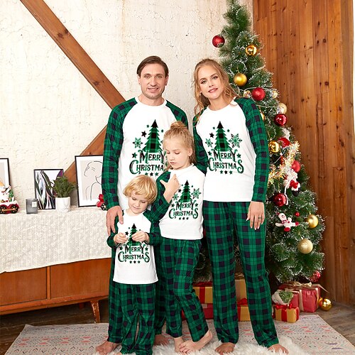 

Christmas Pajamas Ugly Family Set Plaid Letter Christmas Tree Green Long Sleeve Mom Dad and Me Mom Dad and Me Daily Matching Outfits Fall Spring