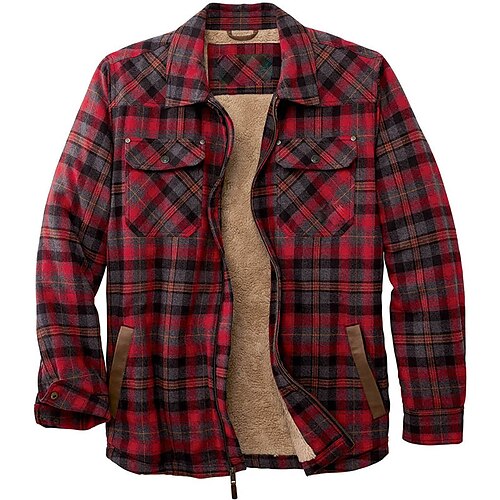 

Men's Winter Jacket Shirt Jacket Winter Coat Sherpa jacket Flannel Jacket Warm Casual Jacket Outerwear Plaid / Check Red