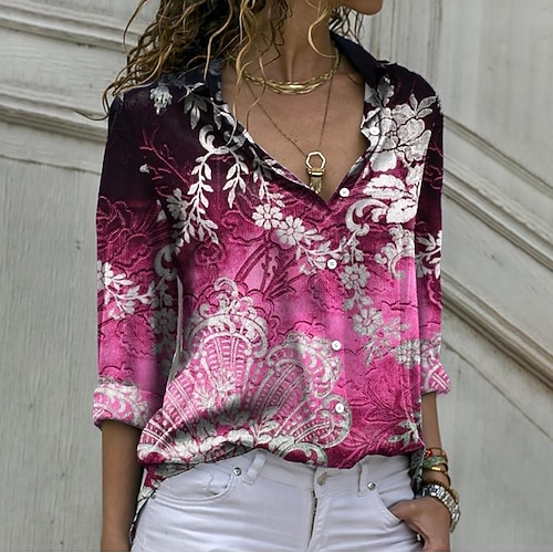

Women's Blouse Shirt Green Blue Purple Floral Print 3/4 Length Sleeve Holiday Weekend Streetwear Casual Shirt Collar Regular Floral S / 3D Print