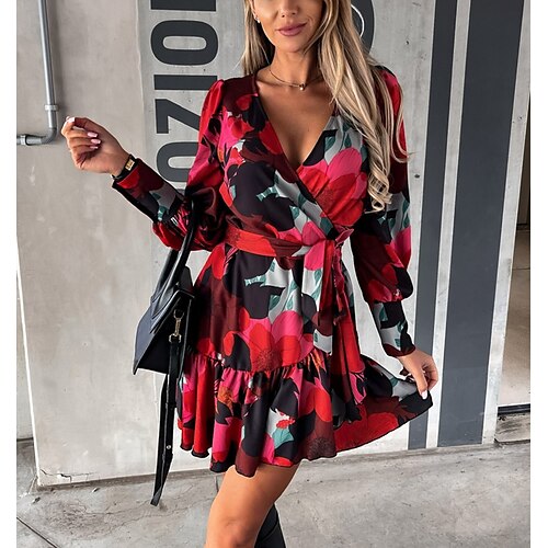 

Women's Print Dress Short Mini Dress Khaki Red Long Sleeve Print Print Spring Fall V Neck Stylish Elegant 2022 S M L XL XXL / Winter
