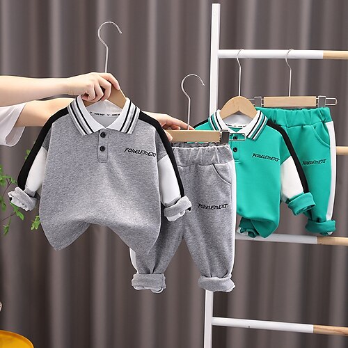 

Kids Boys T-shirt Pants Clothing Set 2 Pieces Long Sleeve Green Gray Letter Stripe Vacation Casual 1-5 Years