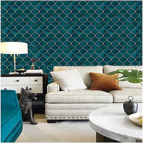 

Geometric Wallpaper Emerald/Sapphire Blue/Gold Peel and Stick Wallpaper Removable Pvc/Vinyl Self Adhesive 17.7''x118''in(45cmx300cm) / 45x300cm for Home Bathroom Decorations