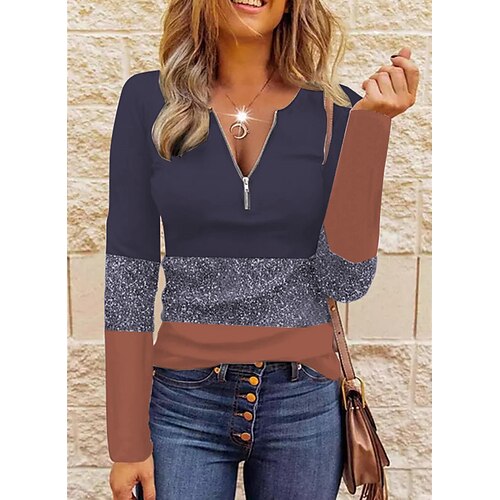 

Women's T shirt Tee Pink Navy Blue Color Block Quarter Zip Long Sleeve Daily Weekend Basic V Neck Regular S / 3D Print