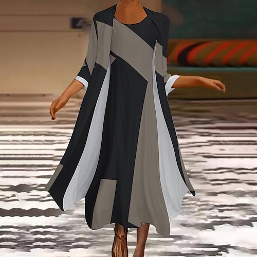 

Women's Dress Set Two Piece Dress Long Dress Maxi Dress Black gray Long Sleeve Color Block Print Winter Fall Crew Neck African Winter Dress Weekend Fall Dress Loose Fit 2022 S M L XL XXL 3XL 4XL 5XL