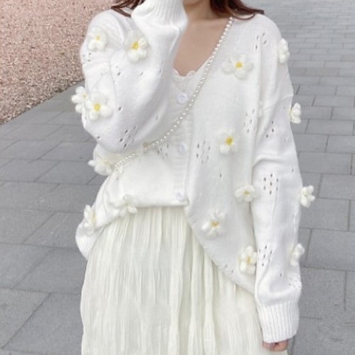 

Women's Cardigan Sweater Jumper Cable Knit Embroidery Knitted Floral V Neck Stylish Casual Outdoor Daily Fall Winter White One-Size / Cotton / Long Sleeve