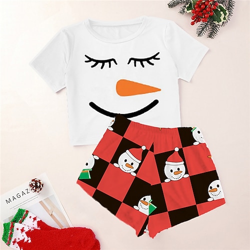 

Women's ChristmasPjs Plus Size Pajamas Sets 2 Pieces Snowman Grid / Plaid Fashion Comfort Soft Home Carnival Cotton Spandex Jersey Breathable Gift Crew Neck Short Sleeve T shirt Tee Shorts