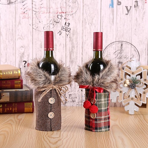 

Christmas Decor Wine Bottle Cover Decors Gift Bags, Checkers & herringbone decors with Faux Fur Collar; Santa Clause, Snowman & Reindeer Drawstring Bags