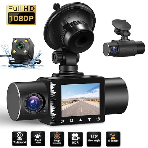 

3 Channel Dash Cam Front and Rear Inside 1080P Dash Camera for Cars Dashcam Three Way Triple Car Camera with IR Night Vision Loop Recording G-Sensor Parking Monitor 24 Hours Recording for Car Taxi