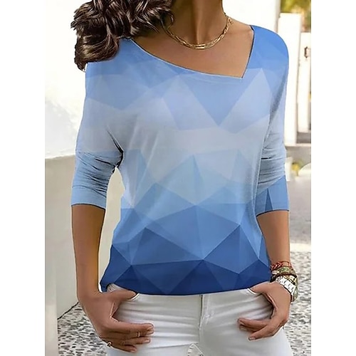 

Women's T shirt Tee Blue Light Blue Floral Geometric Print Long Sleeve Daily Weekend Basic V Neck Regular Floral Geometric Painting S / 3D Print