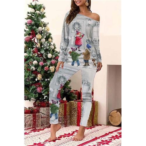 

Women's ChristmasPjs Pajamas Sets 2 Pieces Santa Claus Comfort Soft Home Bed Cotton Spandex Jersey Long Sleeve T shirt Tee Pant Elastic Waist Winter Fall Blue Light gray