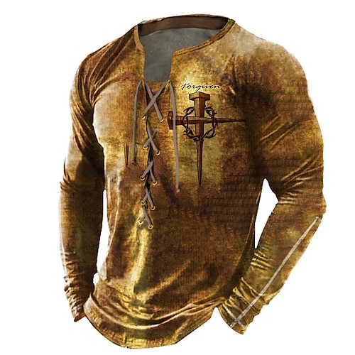 

Men's T shirt Tee Graphic Templar Cross Cross V Neck Brown 3D Print Outdoor Street Long Sleeve Lace up Clothing Apparel Basic Fashion Streetwear Designer