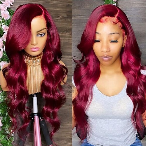 

Unprocessed Virgin Hair 13x4 Lace Front Wig Asymmetrical Peruvian Hair Loose Wave Burgundy Wig 130% 150% Density with Baby Hair Natural Hairline 100% Virgin Glueless Pre-Plucked For wigs for black